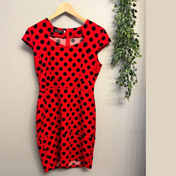 MF Dress Red 50’s style Polka Dot Body Con Dress - Picture 2 of 2